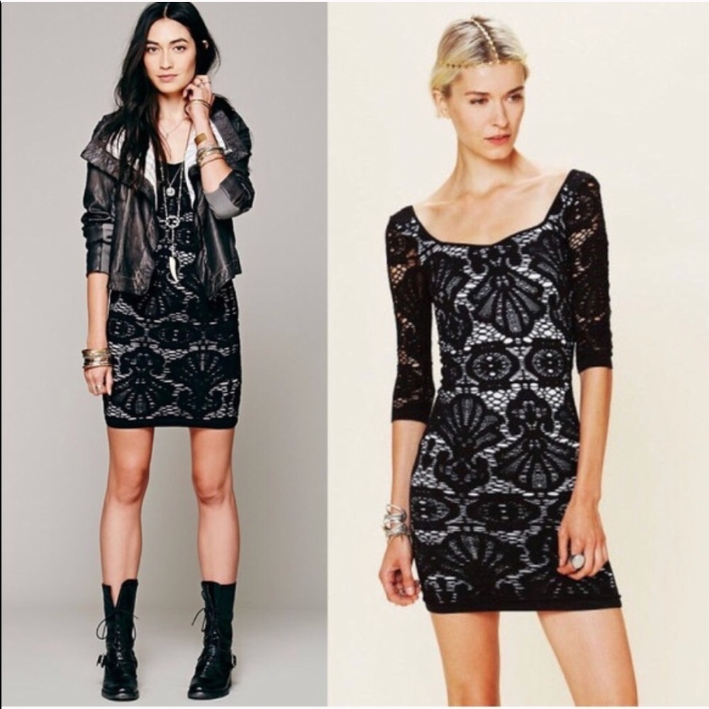 Intimately Free people crochet mesh lace shell fan patterned body con dress M/ L